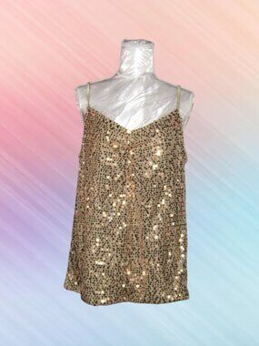 Lane Bryant size 14 womens top spaghetti straps beige gold sequins